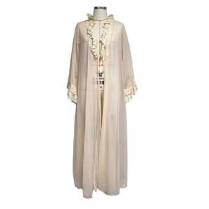 Vintage Intime Womens Size L Cream Sheer Lace Ruffle Robe